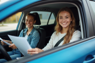 Jeune femme souriante avec instructeur dans la voiture