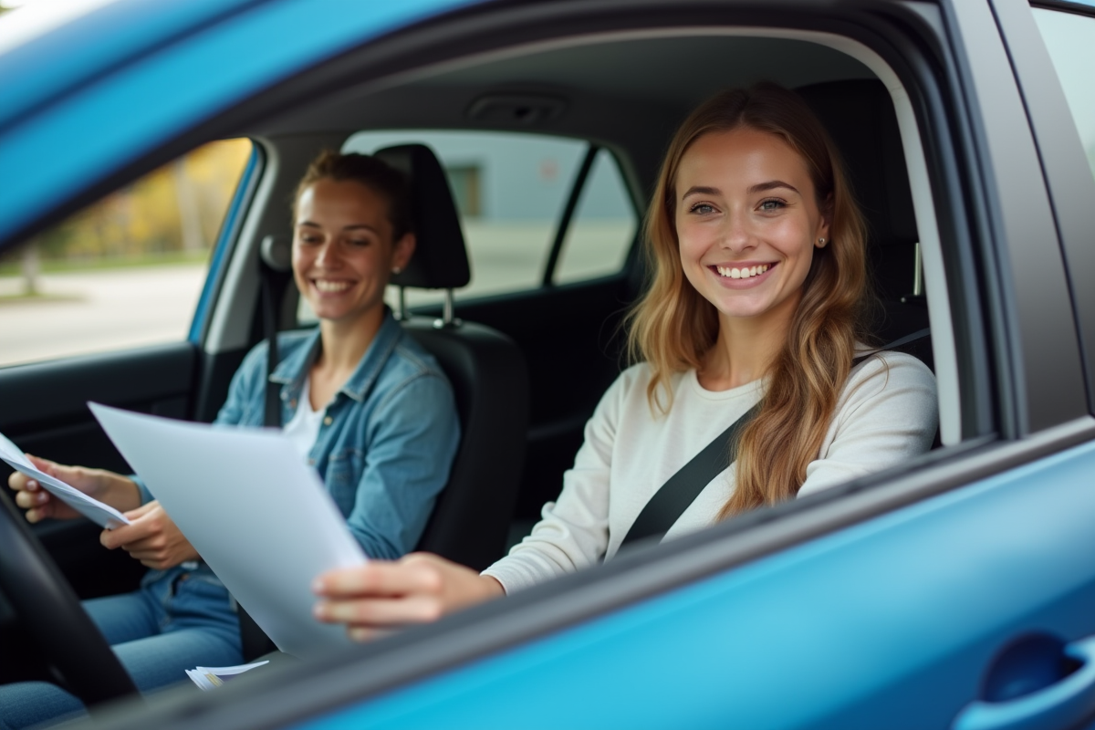 Jeune femme souriante avec instructeur dans la voiture