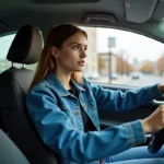 Jeune femme concentrée lors d'un test de conduite en voiture