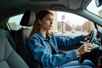 Jeune femme concentrée lors d'un test de conduite en voiture