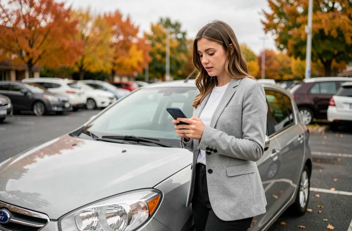 Jeune femme conductrice obtenant un devis d'assurance auto sur smartphone à côté de sa voiture compacte