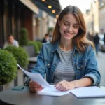 Jeune femme souriante étudie notes de conduite en extérieur