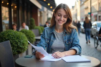 Jeune femme souriante étudie notes de conduite en extérieur