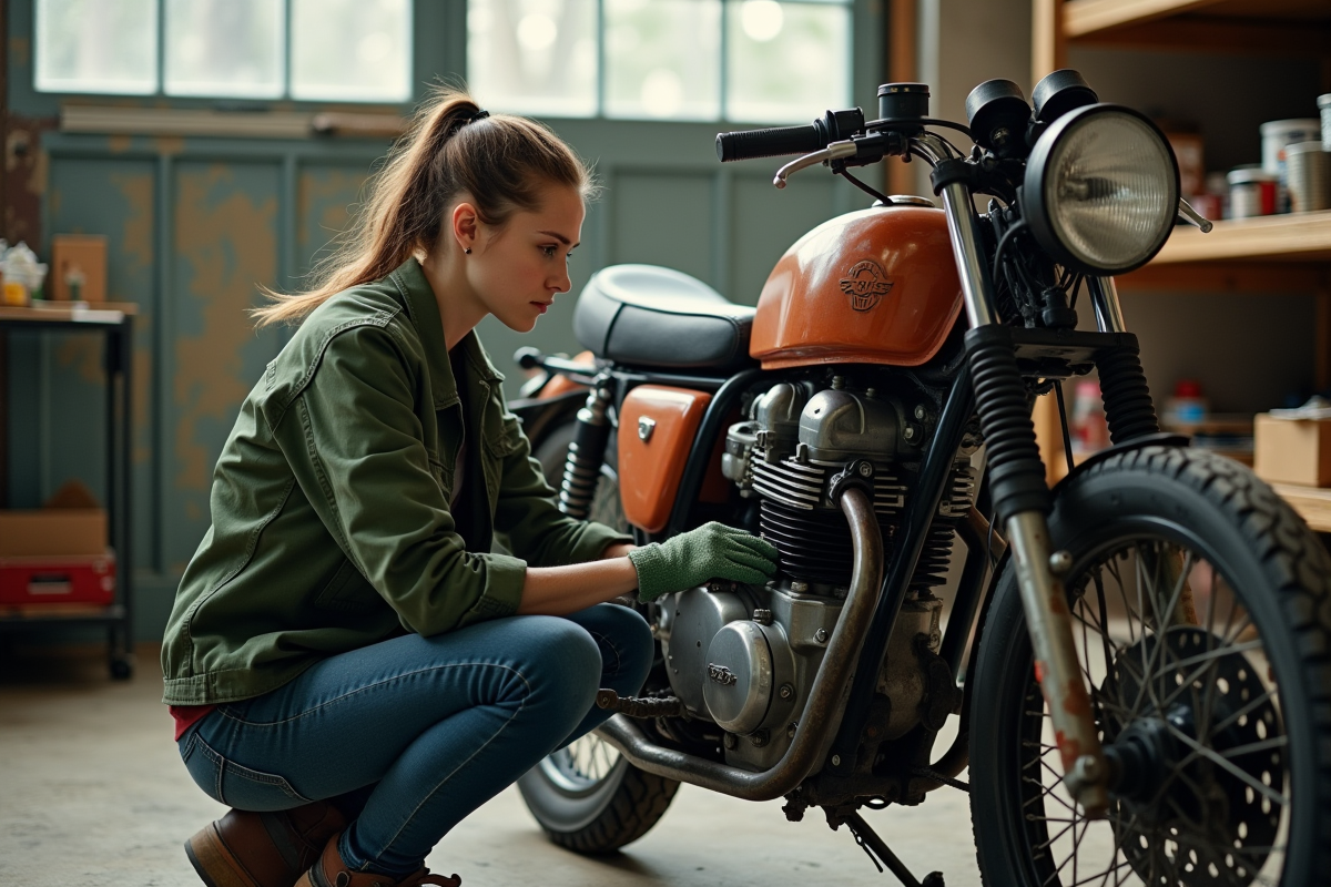 Jeune femme inspectant une moto rouillée dans un garage