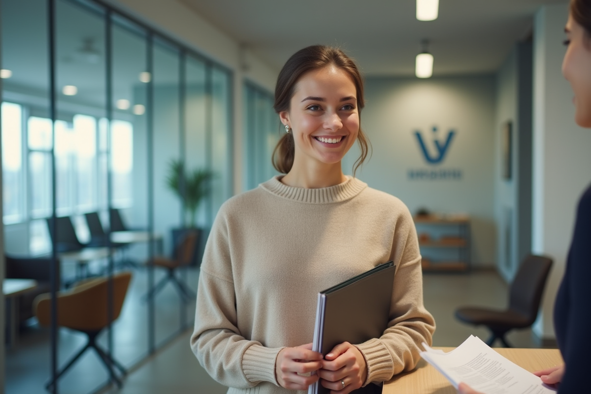 Jeune femme souriante remettant des documents dans un bureau moderne