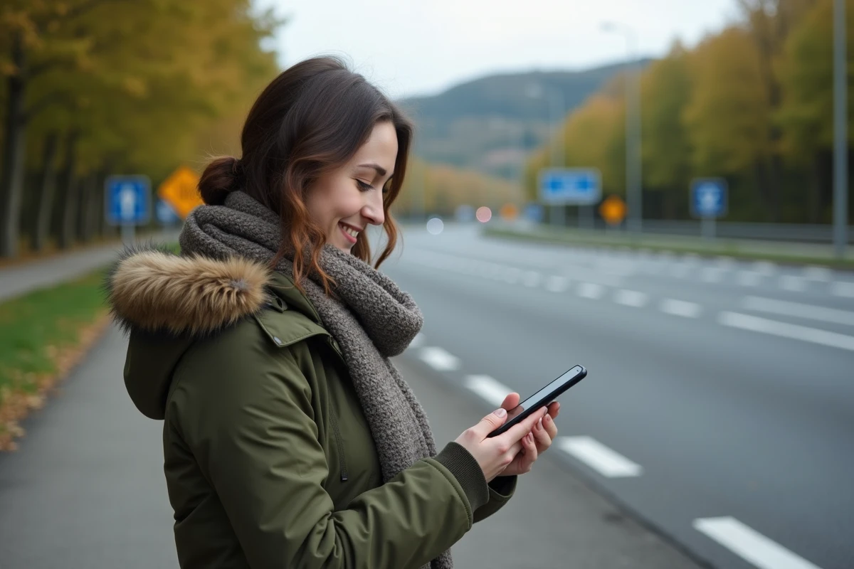 Jeune femme souriante vérifie sa carte à côté de sa voiture