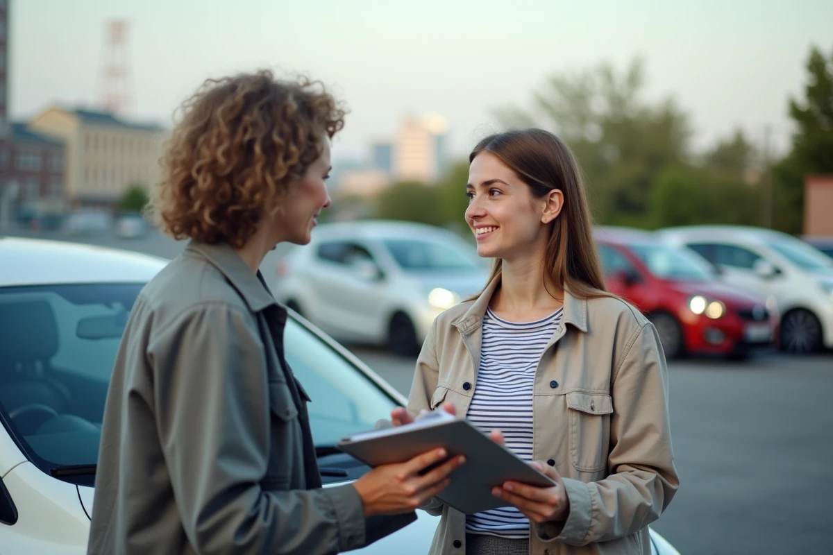 Jeune femme discutant avec instructrice dans un parking urbain