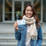 Jeune femme souriante avec permis de conduire devant bâtiment moderne