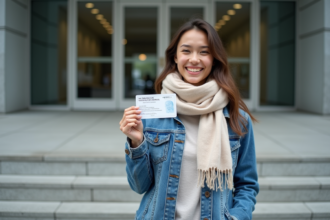 Jeune femme souriante avec permis de conduire devant bâtiment moderne