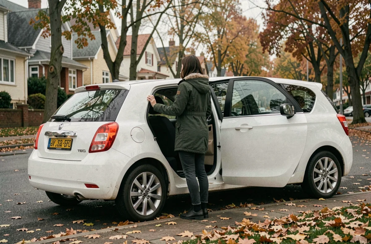 Jeune femme ouvrant la portière d'une voiture blanche dans une rue résidentielle en automne