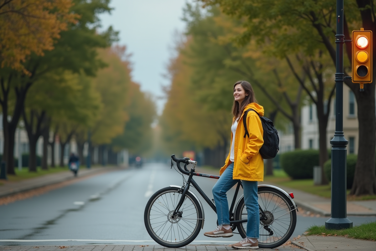 Jeune femme en imper jaune avec vélo au croisement résidentiel