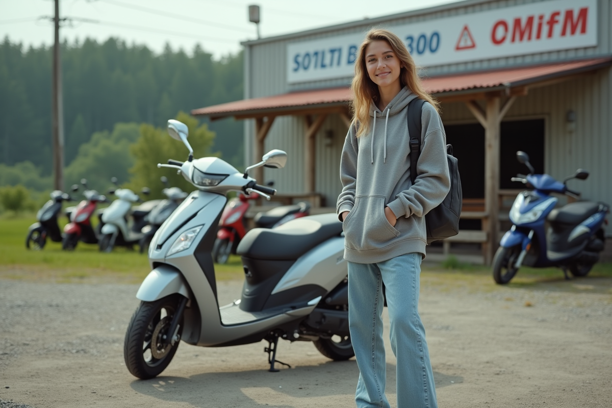 Jeune femme avec scooter dans un cadre rural authentique