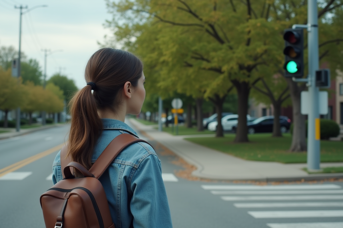 Jeune femme regardant le feu orange dans un quartier calme