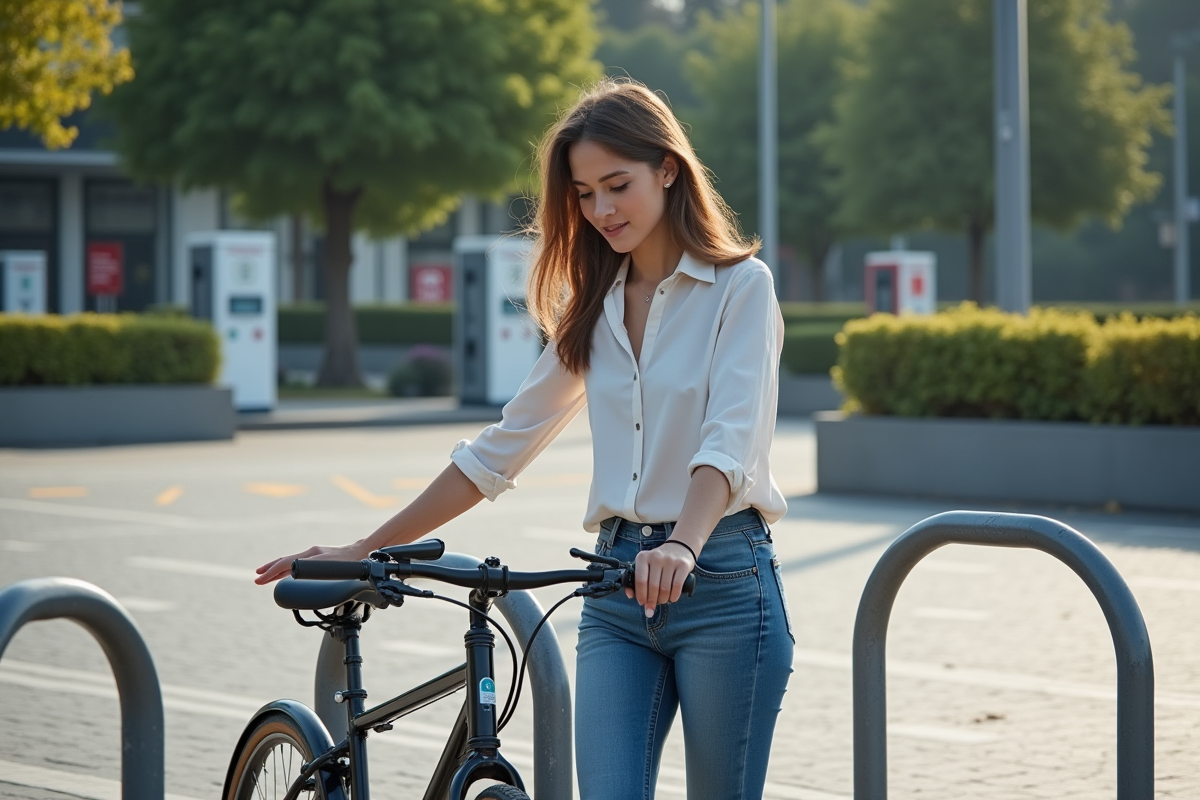 Jeune femme attachant son vélo dans une place piétonne rénovée