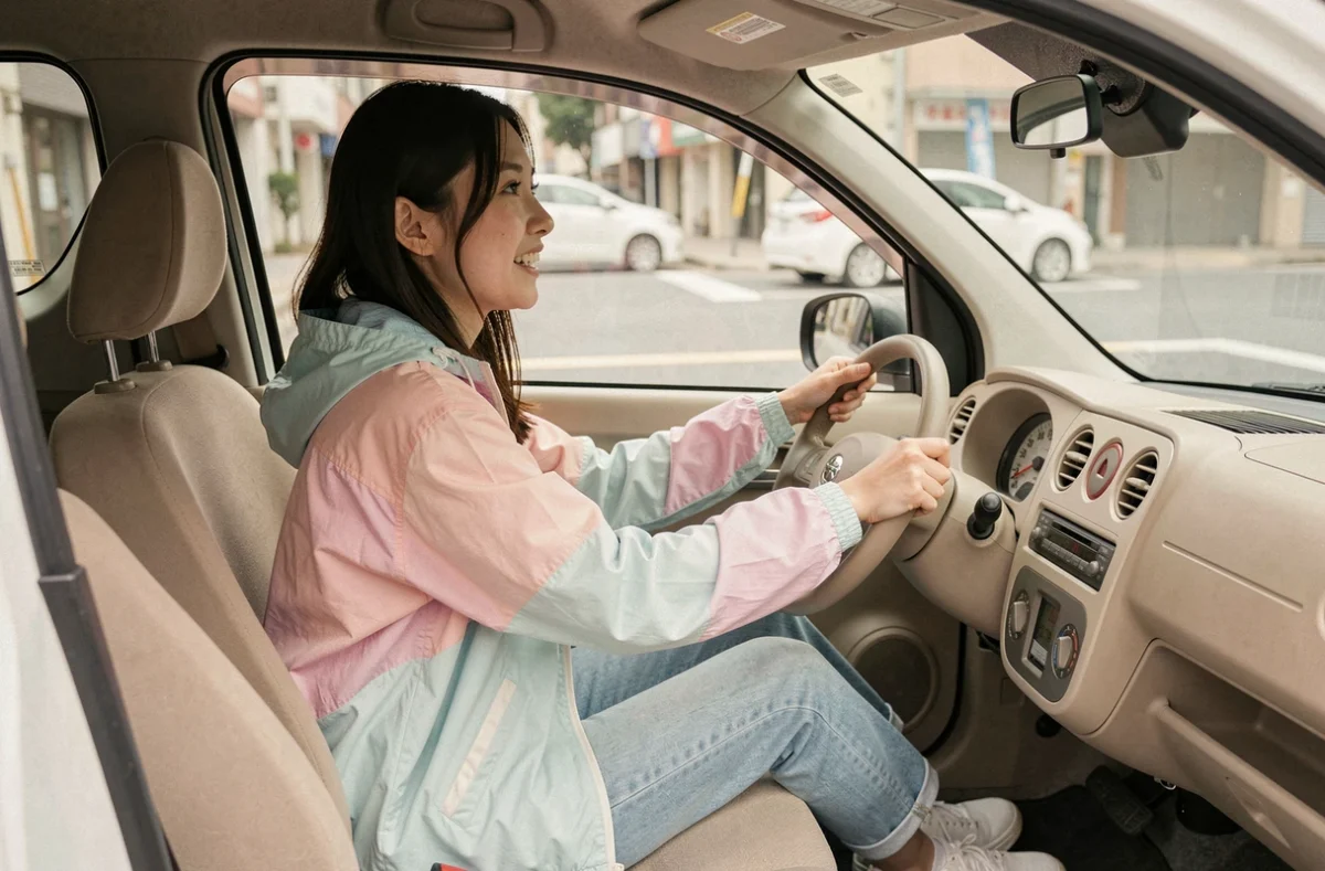Jeune femme au volant d'une voiturette sans permis de style japonais, vue intérieure