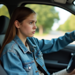 Jeune fille en denim au volant d'une voiture en extérieur