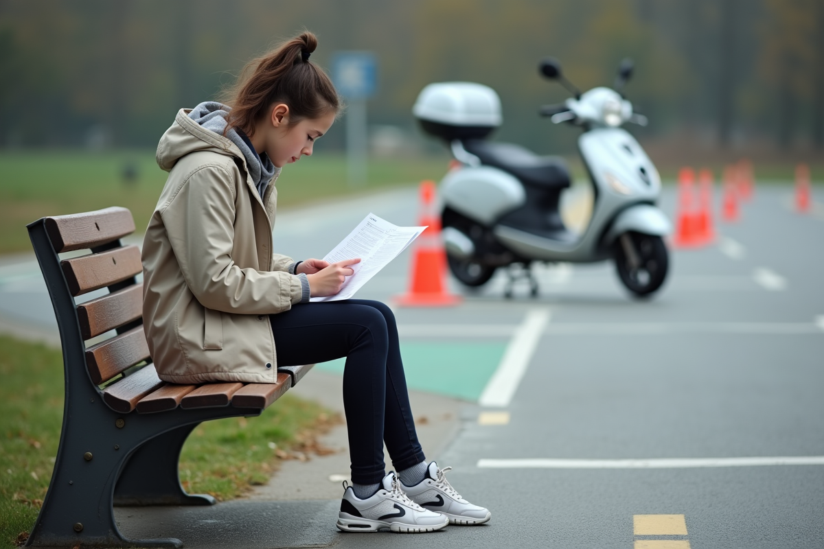 Fille de seize ans préparant un examen dans un espace extérieur