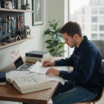 Jeune homme concentré étudiant des diagrammes auto