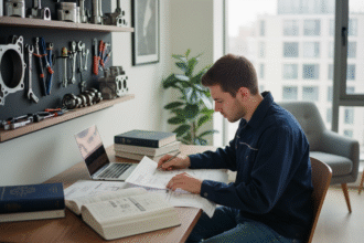 Jeune homme concentré étudiant des diagrammes auto