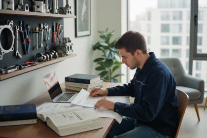 Jeune homme concentré étudiant des diagrammes auto