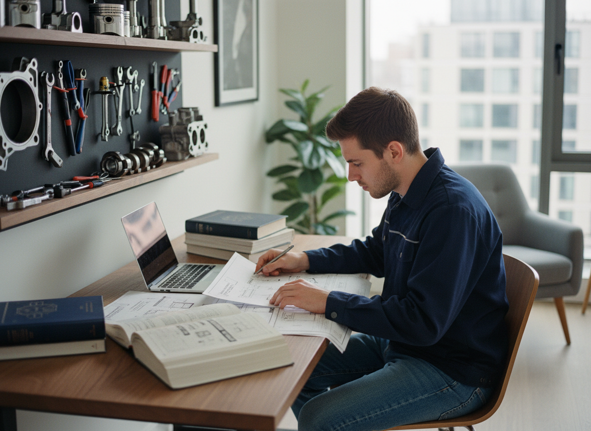 Jeune homme concentré étudiant des diagrammes auto