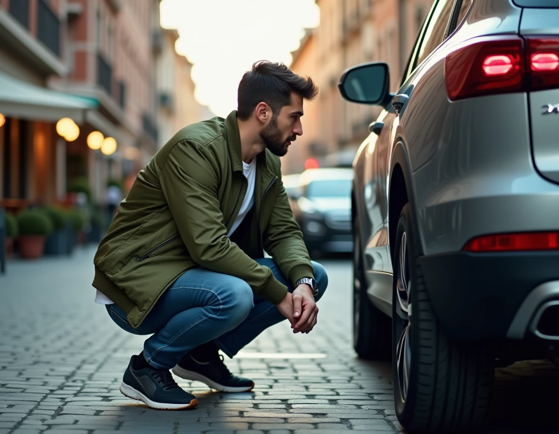 Jeune homme examinant le badge X d'un SUV crossover dans une rue urbaine européenne