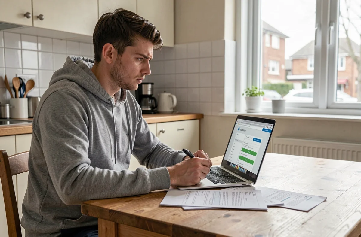 Jeune homme comparant des offres d'assurance auto sur un ordinateur portable à une table de cuisine avec des documents