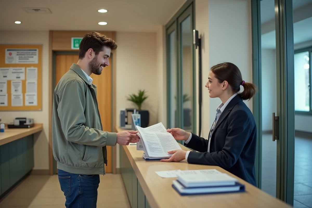 Jeune homme remettant des documents à un agent à la mairie