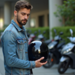 Jeune homme examine casque moto noir en ville