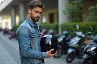 Jeune homme examine casque moto noir en ville