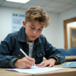 Adolescent remplissant des papiers à la reception d'une autoécole