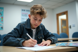 Adolescent remplissant des papiers à la reception d'une autoécole