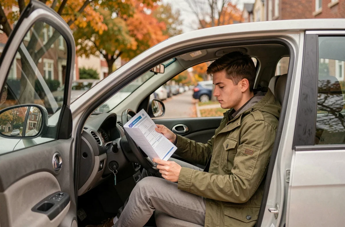 Jeune homme assis dans sa voiture qui lit attentivement son contrat d'assurance auto dans une rue résidentielle