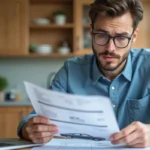 Jeune homme en cuisine examinant une fiche technique voiture