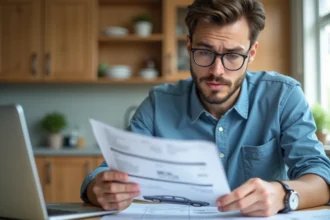 Jeune homme en cuisine examinant une fiche technique voiture