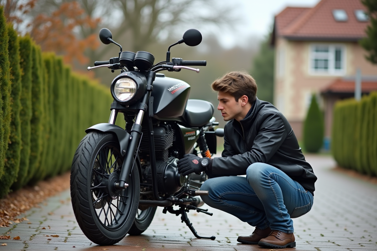 Jeune homme vérifiant la pression du pneu de sa moto