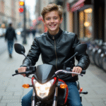 Jeune garçon souriant sur une moto urbaine moderne