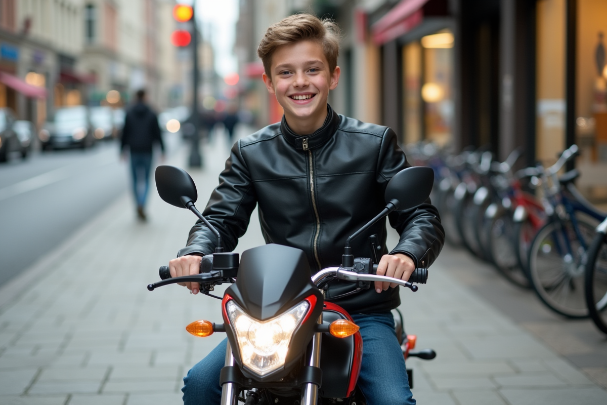 Jeune garçon souriant sur une moto urbaine moderne