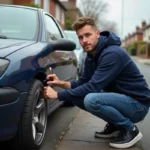 Jeune homme pose des jantes sur une Peugeot 206
