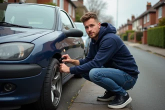 Jeune homme pose des jantes sur une Peugeot 206