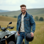 Jeune homme souriant avec quad en campagne