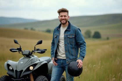 Jeune homme souriant avec quad en campagne