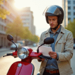 Jeune homme en casque vérifiant documents d'assurance scooter