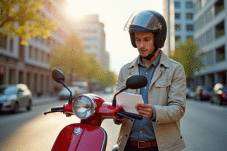Jeune homme en casque vérifiant documents d'assurance scooter