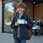 Jeune garçon souriant avec sa licence scooter en main
