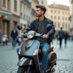 Jeune homme en bomber et jeans sur scooter en ville