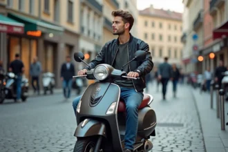 Jeune homme en bomber et jeans sur scooter en ville