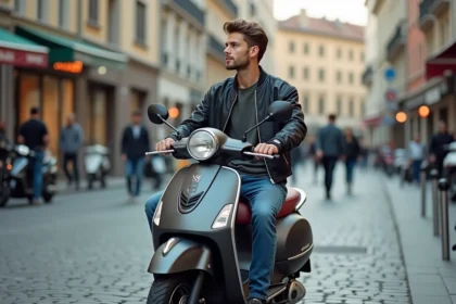 Jeune homme en bomber et jeans sur scooter en ville