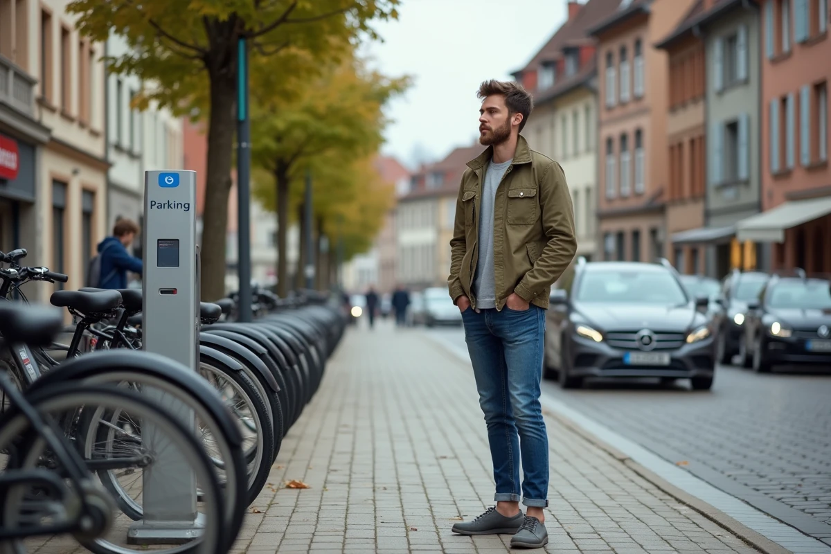Jeune homme près d un vélo dans le centre de Colmar