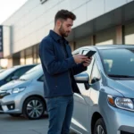 Jeune homme avec tablette devant voiture neuve en concession
